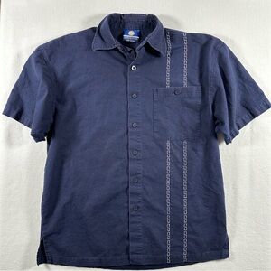Vintage Budabean Men’s Cotton Linen Shirt Navy Short Sleeve Button Down Large
